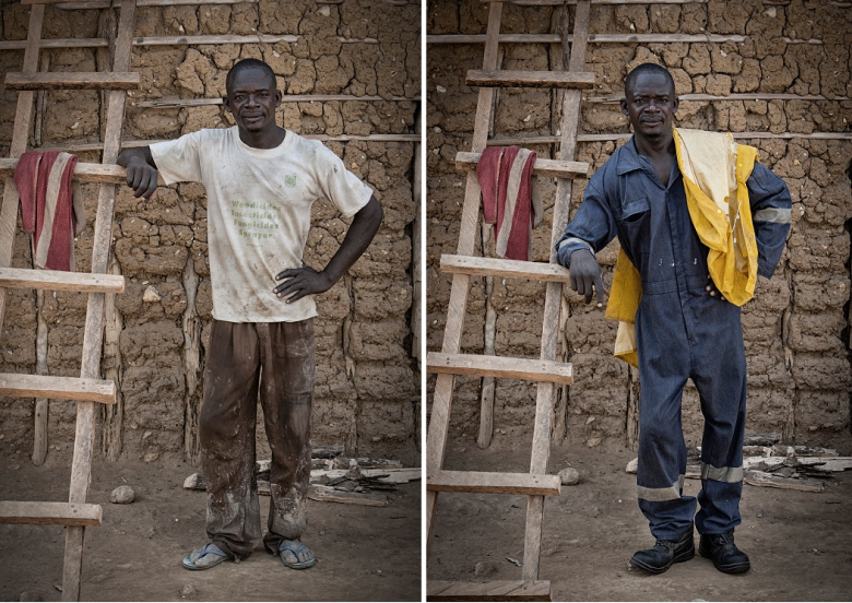 James Blamefull, mijnwerker in een kleine mijn in Ghana, met zijn oude en nieuwe werkkleding